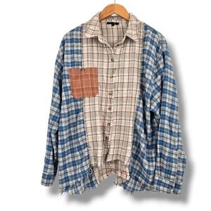Papermoon Womens Blue Beige Patchwork Plaid Flannel Shirt Raw Hem Size Large
